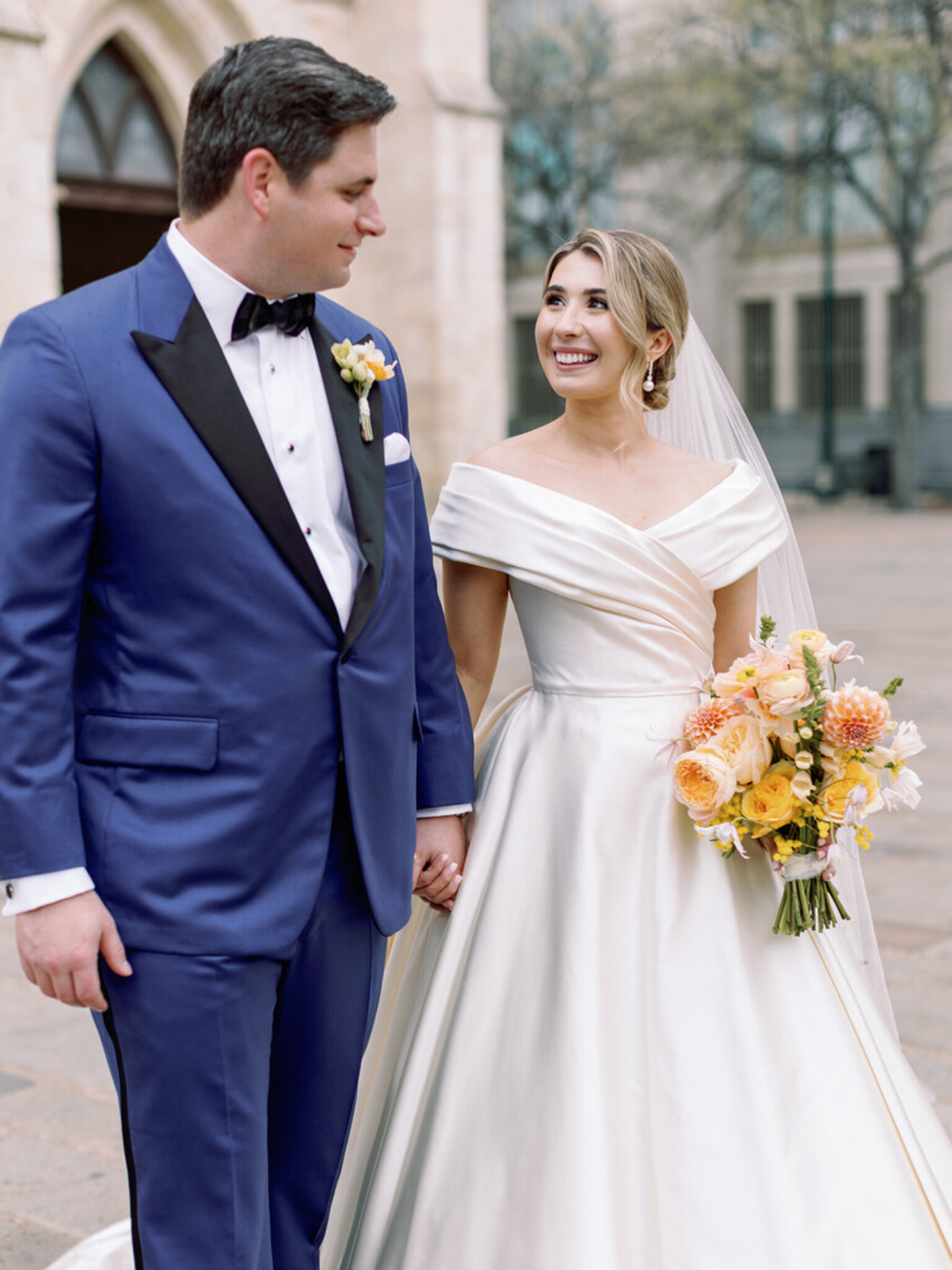 Phillipa Lepley bride Catherine Couture Duchess Satin Off the Shoulder Wedding Dress Texas Wedding Colorful Embroidered Flower Veil