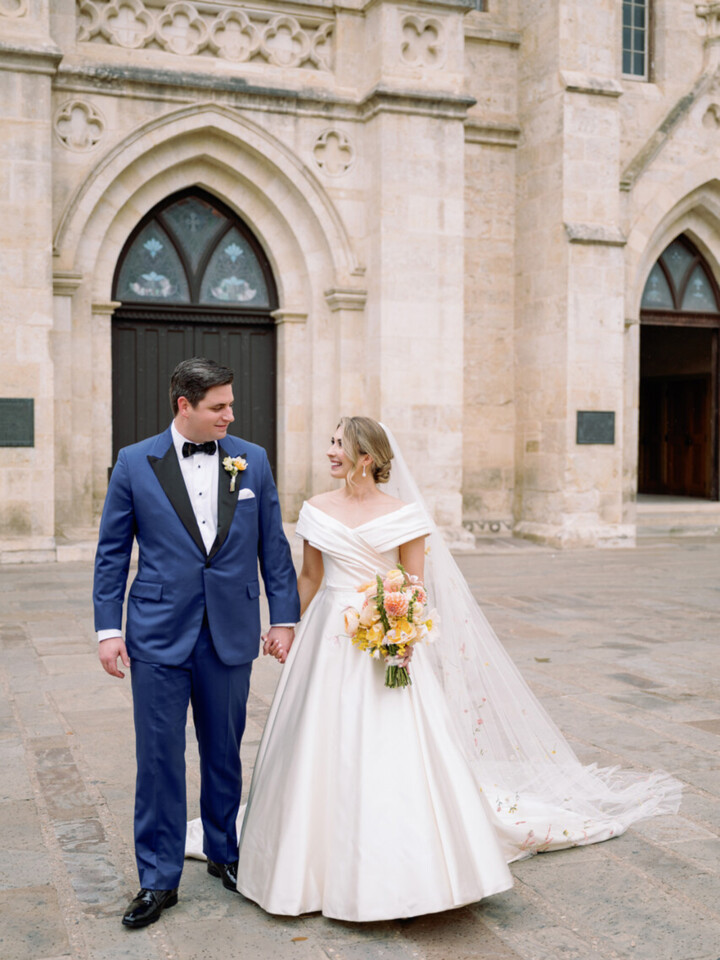 Phillipa Lepley bride Catherine Couture Duchess Satin Off the Shoulder Wedding Dress Texas Wedding Colorful Embroidered Flower Veil