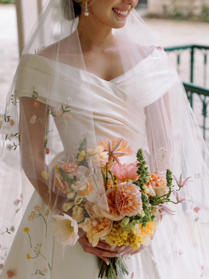Phillipa Lepley bride Catherine Couture Duchess Satin Off the Shoulder Wedding Dress Texas Wedding Colorful Embroidered Flower Veil