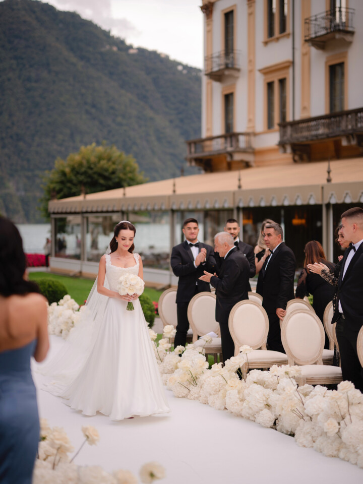 Phillipa Lepley Bride Violet Couture Pearl Lace Wedding Dress Lake Como Destination Wedding