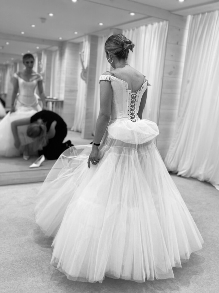 Phillipa Lepley bride Catherine Couture Duchess Satin Off the Shoulder Wedding Dress Texas Wedding Colorful Embroidered Flower Veil