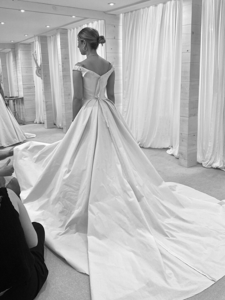 Phillipa Lepley bride Catherine Couture Duchess Satin Off the Shoulder Wedding Dress Texas Wedding Colorful Embroidered Flower Veil