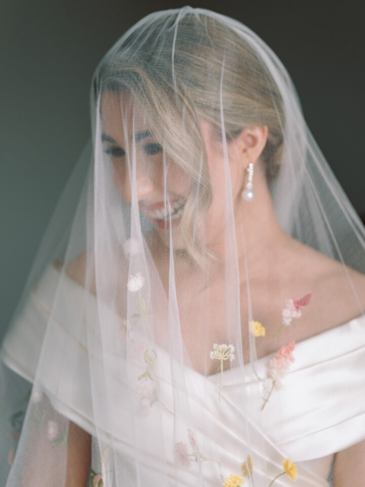 Phillipa Lepley bride Catherine Couture Duchess Satin Off the Shoulder Wedding Dress Texas Wedding Colorful Embroidered Flower Veil