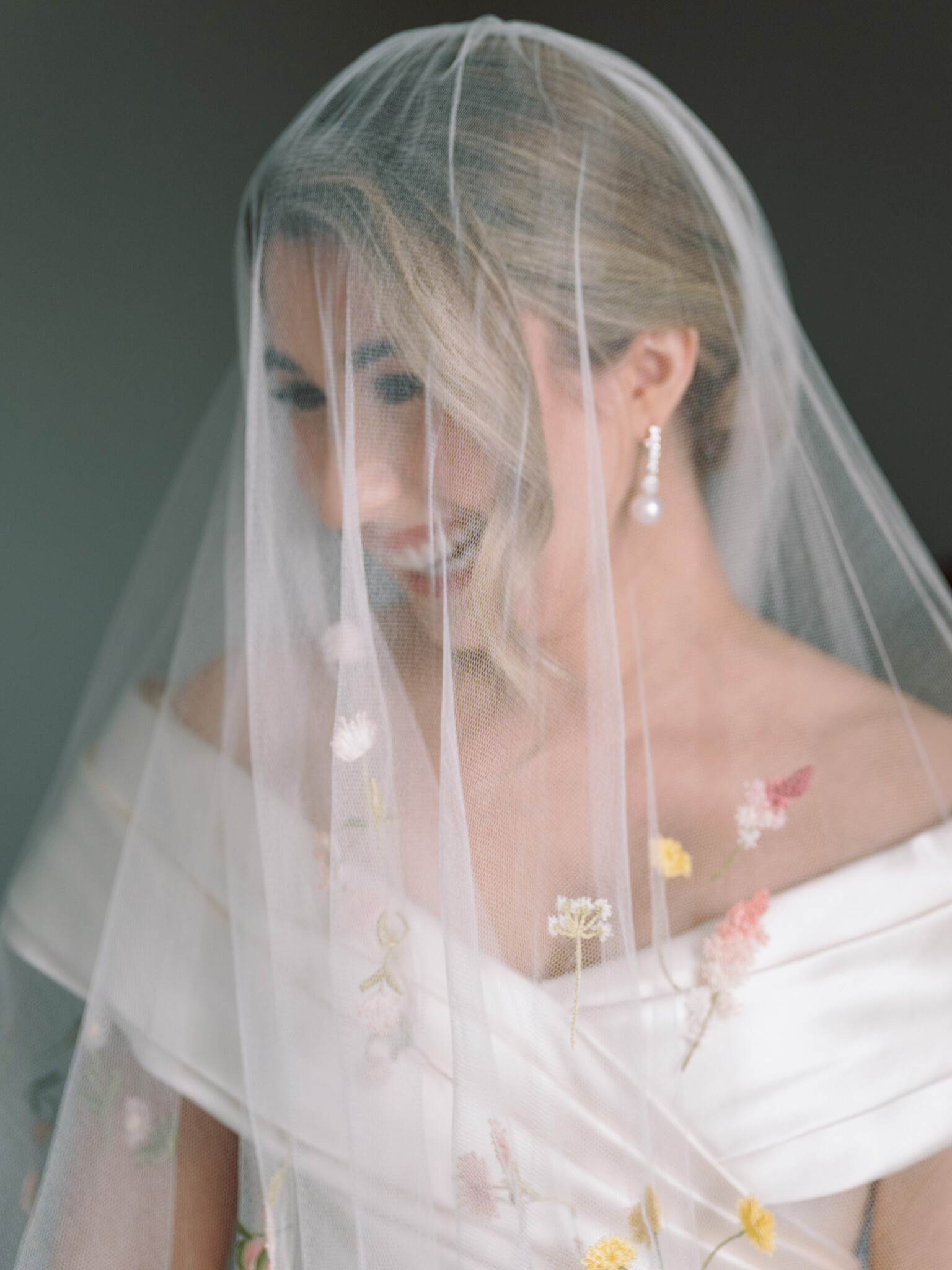 Phillipa Lepley bride Catherine Couture Duchess Satin Off the Shoulder Wedding Dress Texas Wedding Colorful Embroidered Flower Veil