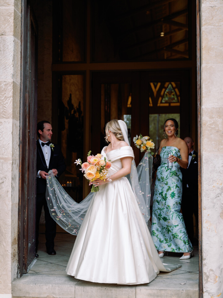 Phillipa Lepley bride Catherine Couture Duchess Satin Off the Shoulder Wedding Dress Texas Wedding Colorful Embroidered Flower Veil