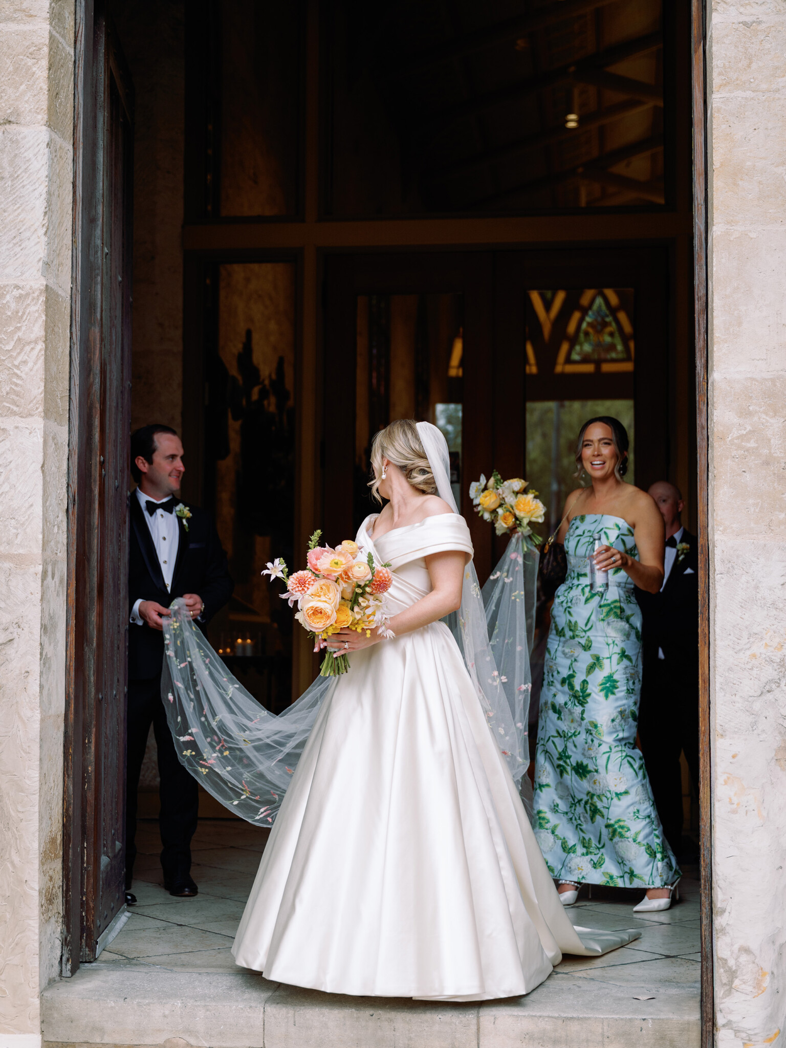 Phillipa Lepley bride Catherine Couture Duchess Satin Off the Shoulder Wedding Dress Texas Wedding Colorful Embroidered Flower Veil