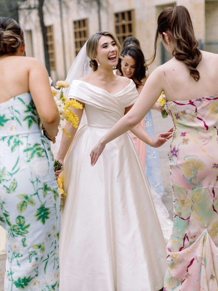 Phillipa Lepley bride Catherine Couture Duchess Satin Off the Shoulder Wedding Dress Texas Wedding Colorful Embroidered Flower Veil