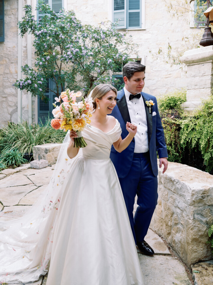Phillipa Lepley bride Catherine Couture Duchess Satin Off the Shoulder Wedding Dress Texas Wedding Colorful Embroidered Flower Veil