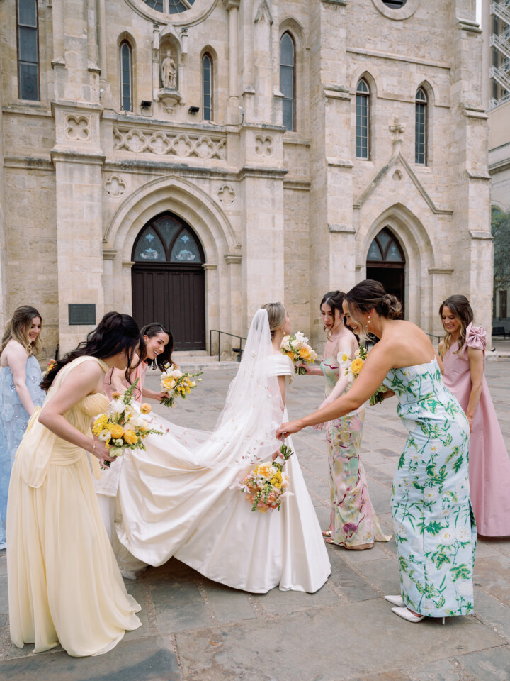 Phillipa Lepley bride Catherine Couture Duchess Satin Off the Shoulder Wedding Dress Texas Wedding Colorful Embroidered Flower Veil