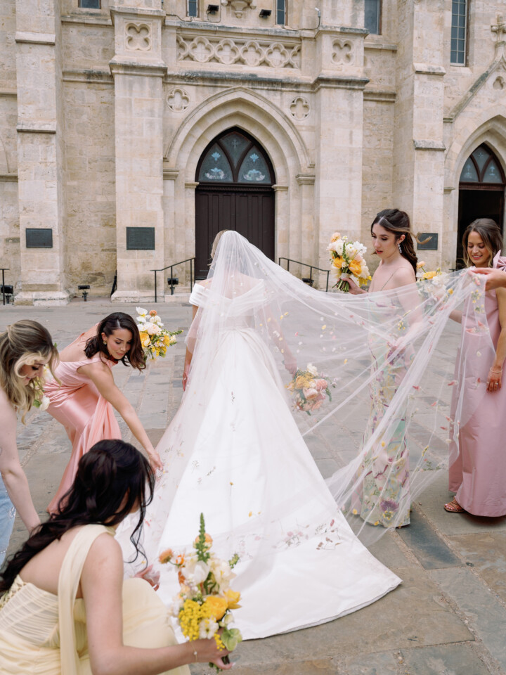 Phillipa Lepley bride Catherine Couture Duchess Satin Off the Shoulder Wedding Dress Texas Wedding Colorful Embroidered Flower Veil