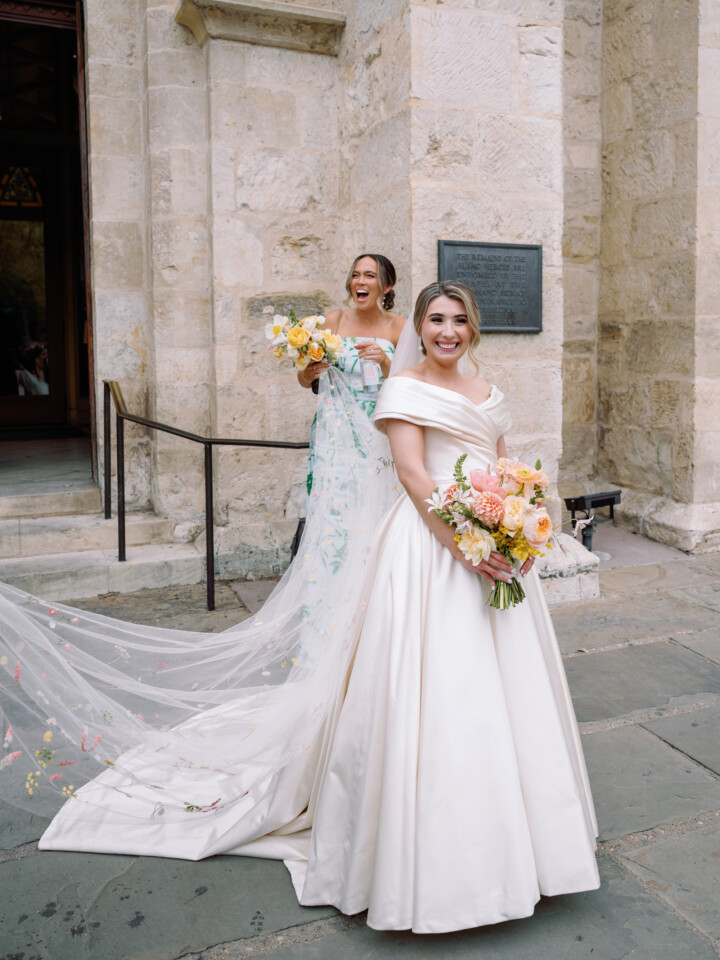Phillipa Lepley bride Catherine Couture Duchess Satin Off the Shoulder Wedding Dress Texas Wedding Colorful Embroidered Flower Veil