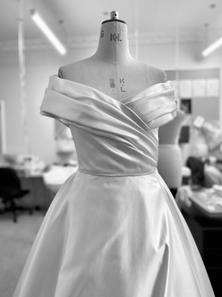 Phillipa Lepley bride Catherine Couture Duchess Satin Off the Shoulder Wedding Dress Texas Wedding Colorful Embroidered Flower Veil