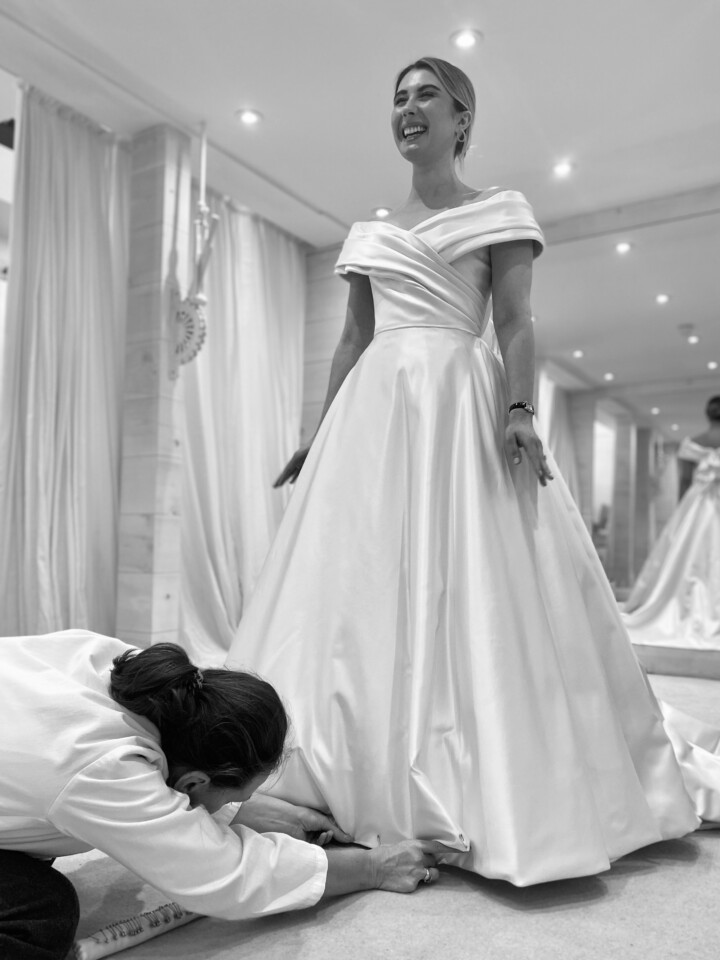 Phillipa Lepley bride Catherine Couture Duchess Satin Off the Shoulder Wedding Dress Texas Wedding Colorful Embroidered Flower Veil