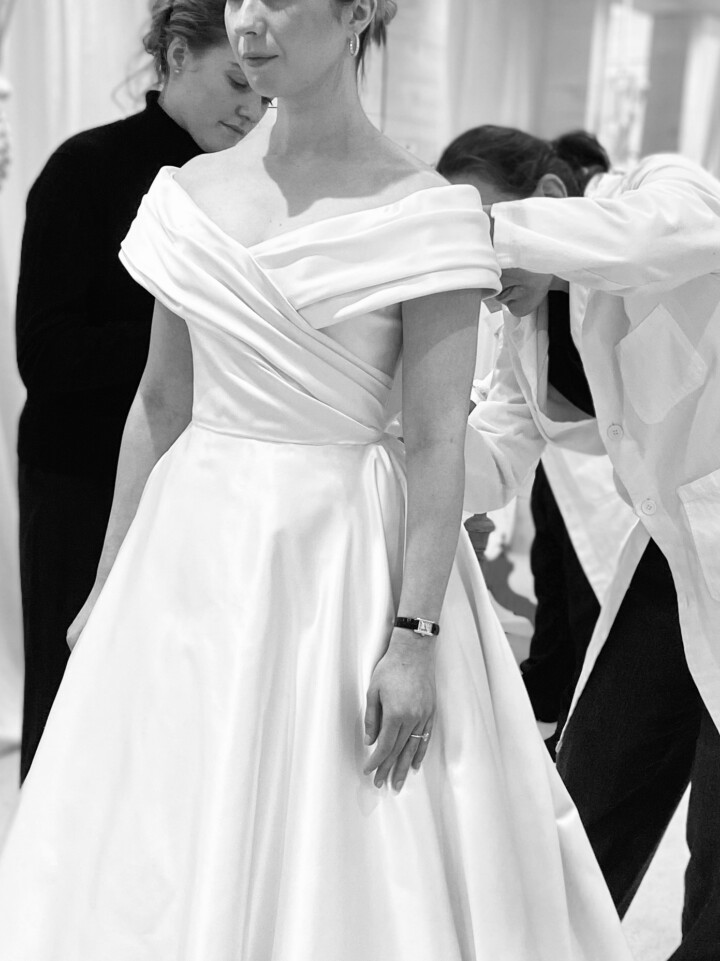 Phillipa Lepley bride Catherine Couture Duchess Satin Off the Shoulder Wedding Dress Texas Wedding Colorful Embroidered Flower Veil