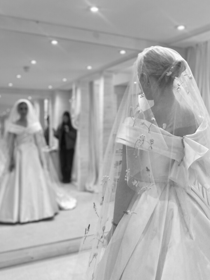 Phillipa Lepley bride Catherine Couture Duchess Satin Off the Shoulder Wedding Dress Texas Wedding Colorful Embroidered Flower Veil