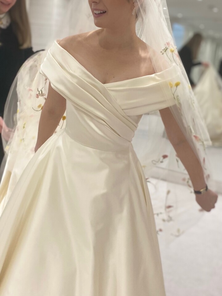 Phillipa Lepley bride Catherine Couture Duchess Satin Off the Shoulder Wedding Dress Texas Wedding Colorful Embroidered Flower Veil