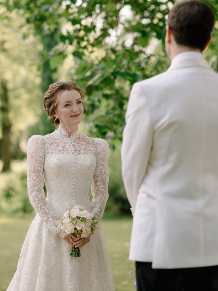 Phillipa Lepley bride Kylen Apple and Oak Lace Couture Coat and Wedding Dress French Chateau Wedding