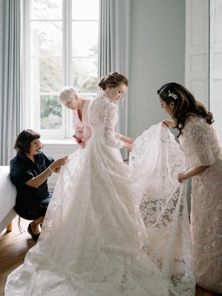 Phillipa Lepley bride Kylen Apple and Oak Lace Couture Coat and Wedding Dress French Chateau Wedding