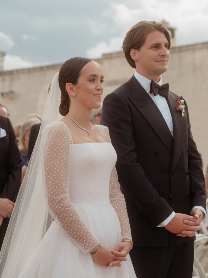 Phillipa Lepley Bride Lena Dotty Tulle Square Neckline And Long Sleeve Wedding Dress Puglia Wedding