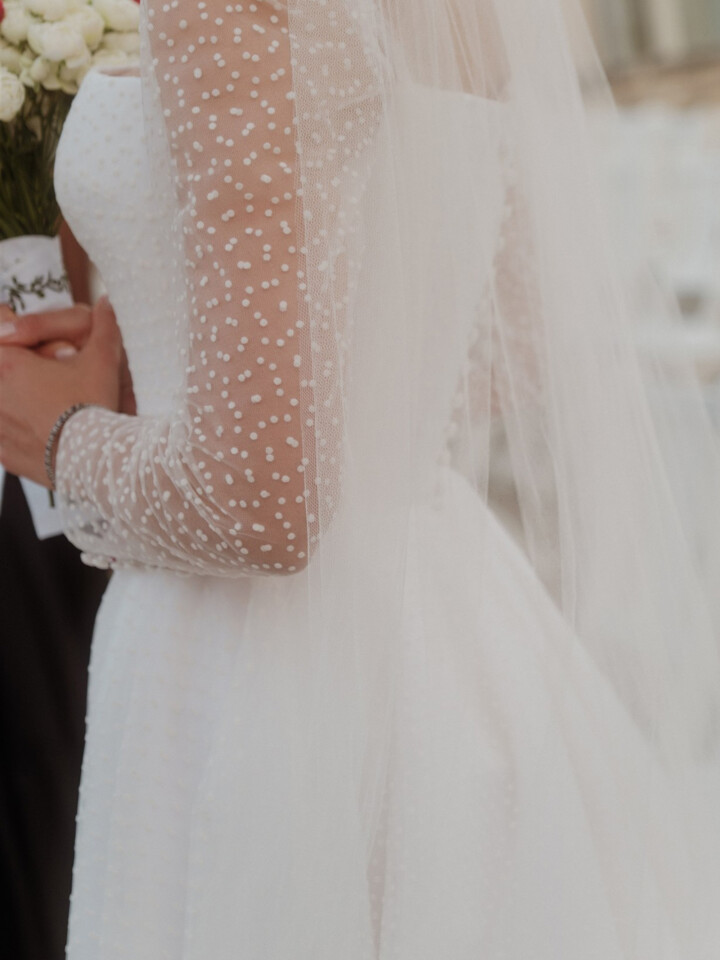 Phillipa Lepley Bride Lena Dotty Tulle Square Neckline And Long Sleeve Wedding Dress Puglia Wedding