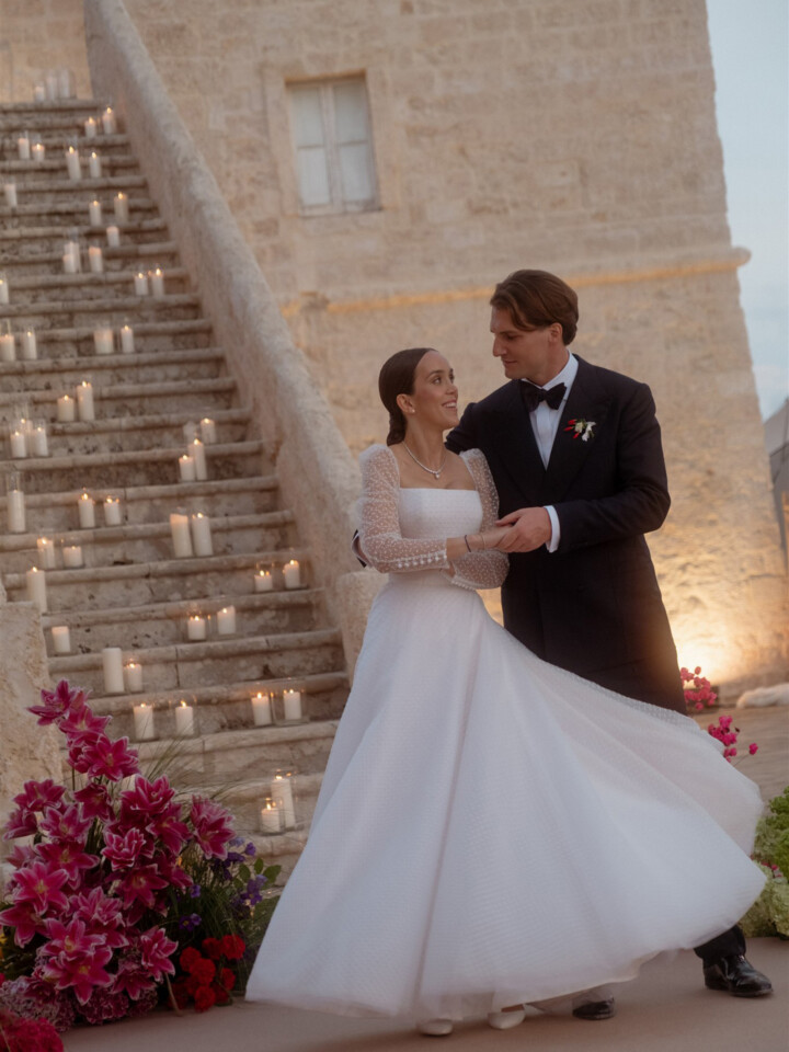 Phillipa Lepley Bride Lena Dotty Tulle Square Neckline And Long Sleeve Wedding Dress Puglia Wedding