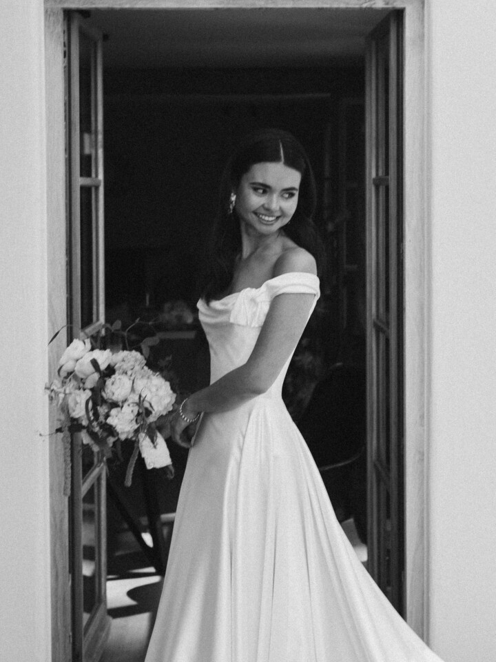 Phillipa Lepley bride Paulina Couture Italian Duchess Satin Wedding Dress Off The Shoulder Vienna Decollette Bow