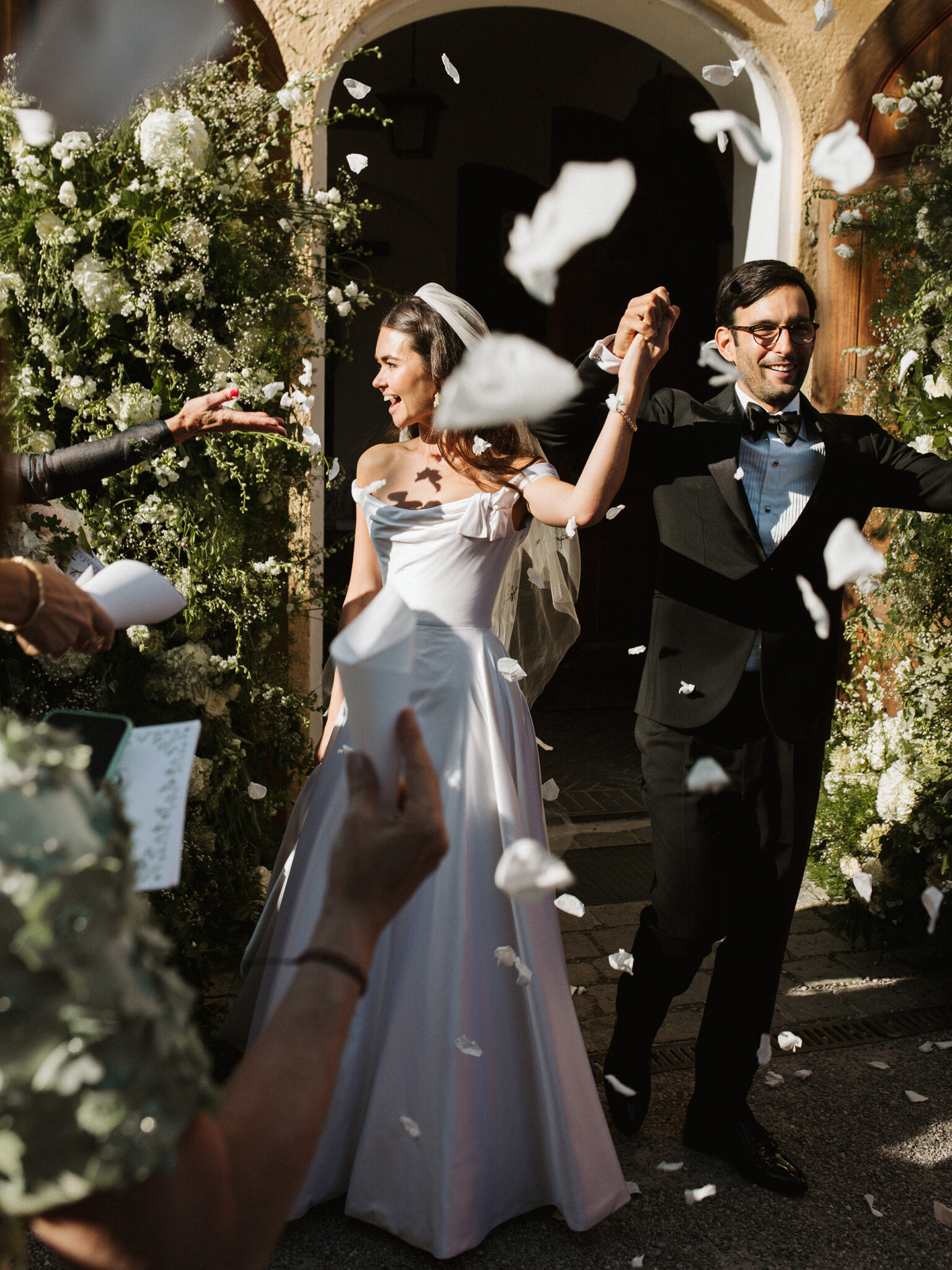 Phillipa Lepley bride Paulina Couture Italian Duchess Satin Wedding Dress Off The Shoulder Vienna Decollette Bow
