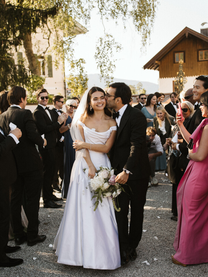 Phillipa Lepley bride Paulina Couture Italian Duchess Satin Wedding Dress Off The Shoulder Vienna Decollette Bow