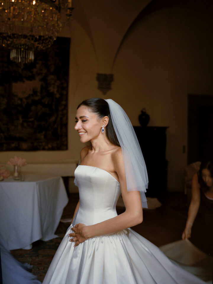 Phillipa Lepley bride Bana Dropped Waist Minimalist Couture Duchess Satin Wedding Dress With Corset and Short Veil