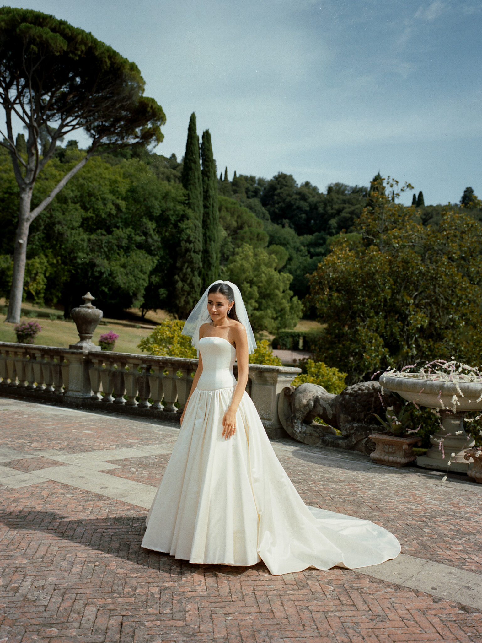 Phillipa Lepley bride Bana Dropped Waist Minimalist Couture Duchess Satin Wedding Dress With Corset and Short Veil