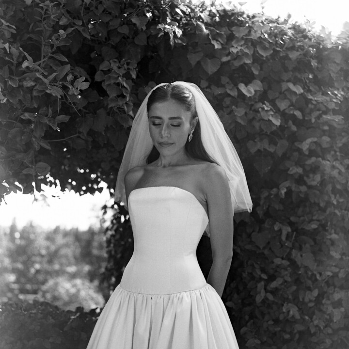Phillipa Lepley bride Bana Dropped Waist Minimalist Couture Duchess Satin Wedding Dress With Corset and Short Veil