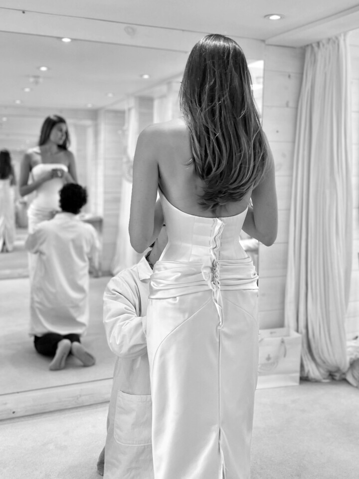 Phillipa Lepley bride Sara Walker Vogue Weddings Italian Duchess Satin Wedding Dress With Oversized Bow Seattle Wedding