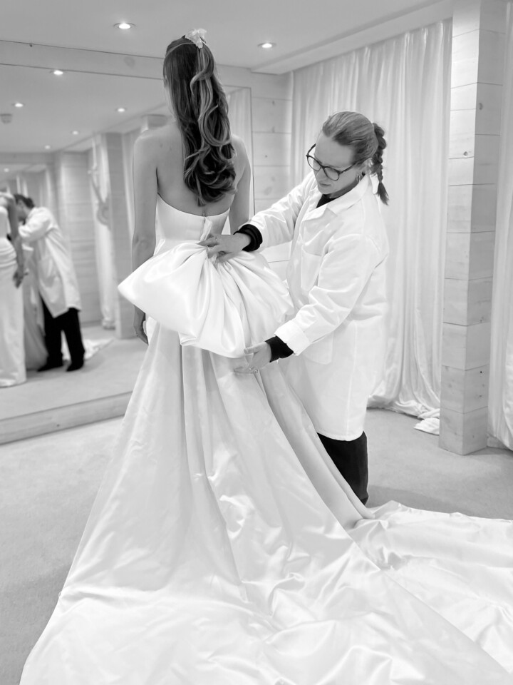 Phillipa Lepley bride Sara Walker Vogue Weddings Italian Duchess Satin Wedding Dress With Oversized Bow Seattle Wedding