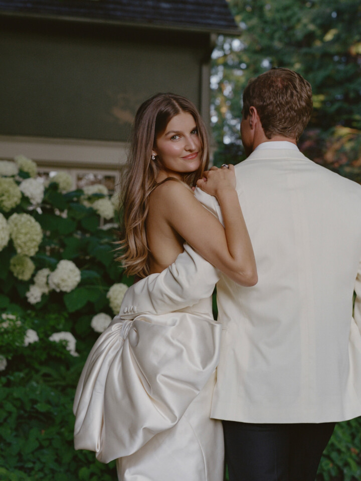 Phillipa Lepley bride Sara Walker Vogue Weddings Italian Duchess Satin Wedding Dress With Oversized Bow Seattle Wedding