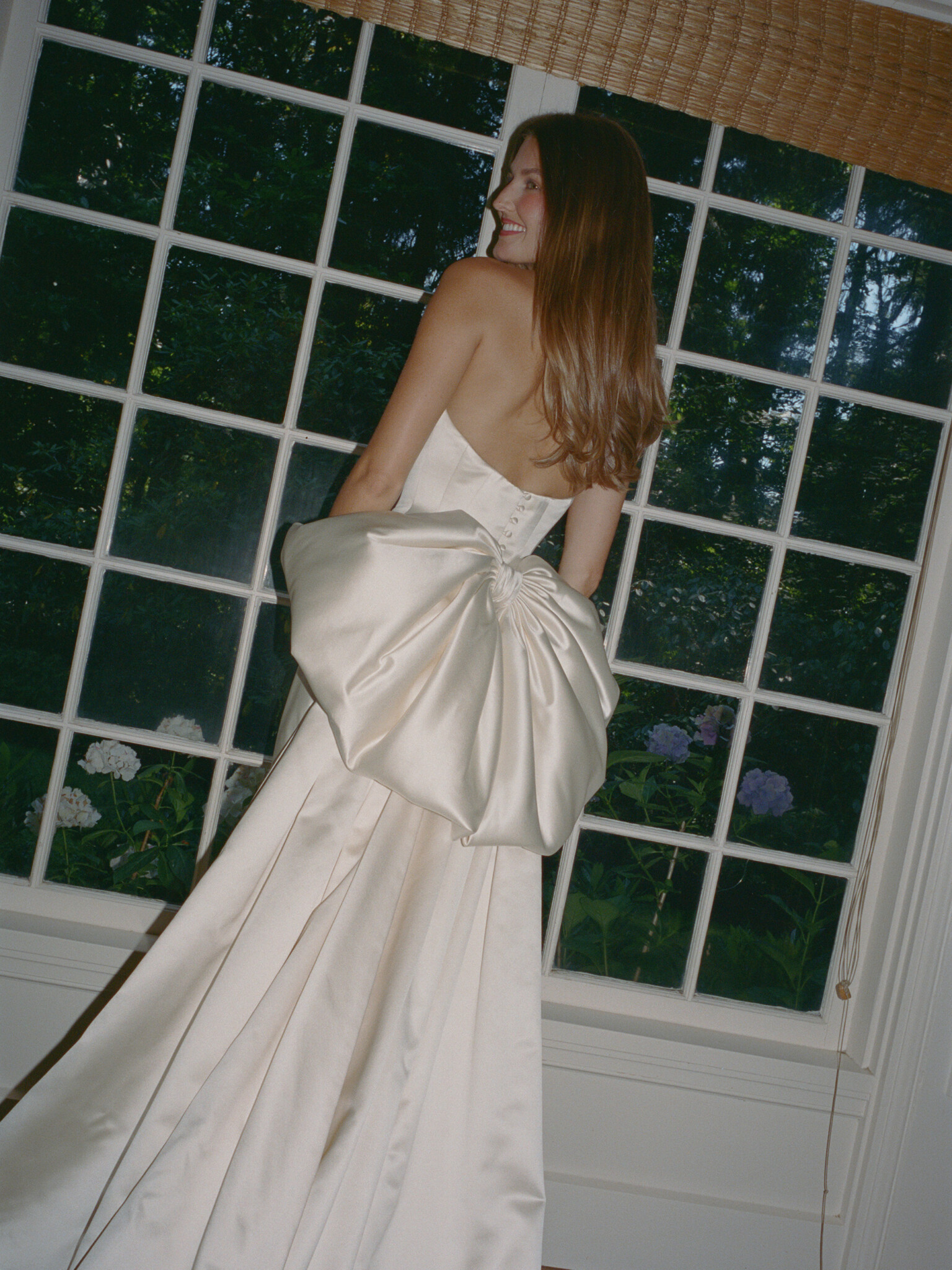 Phillipa Lepley bride Sara Walker Vogue Weddings Italian Duchess Satin Wedding Dress With Oversized Bow Seattle Wedding