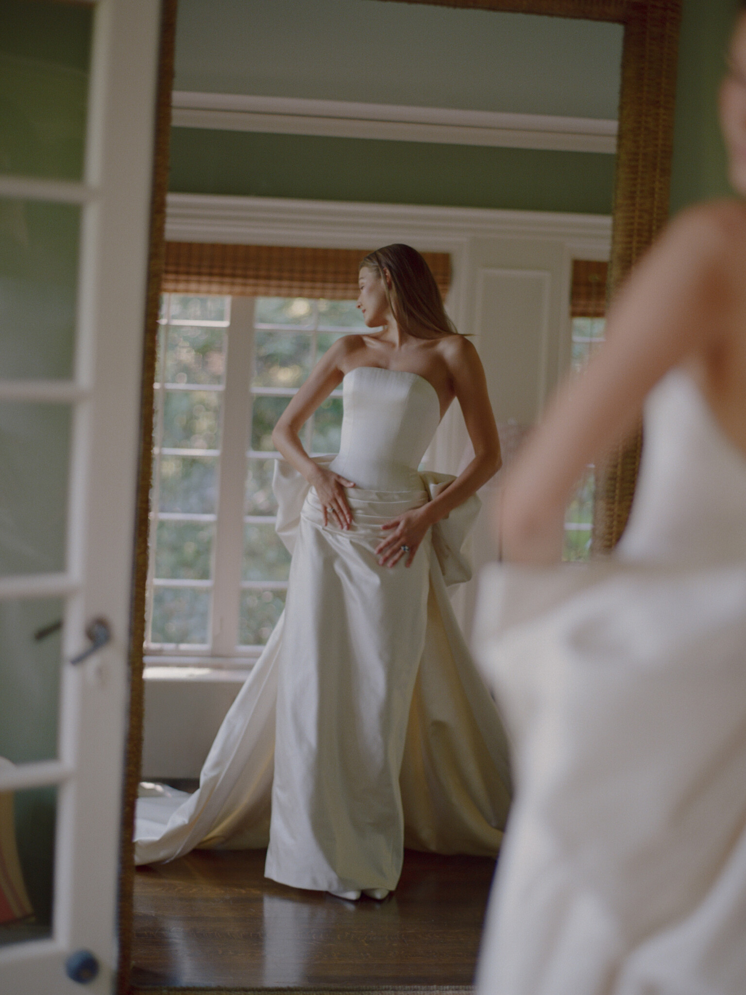 Phillipa Lepley bride Sara Walker Vogue Weddings Italian Duchess Satin Wedding Dress With Oversized Bow Seattle Wedding