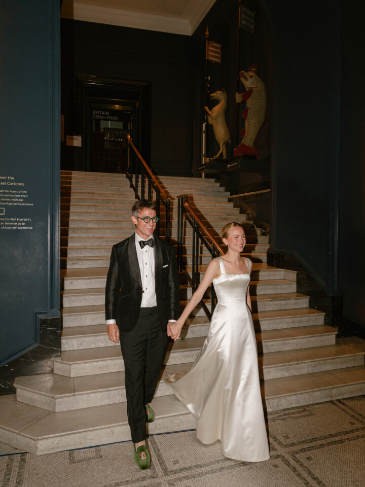 Phillipa Lepley Bride Sky Jessica Watteau Couture Duchess Satin Wedding Dress With Removable Watteau Train Victoria And Albert Museum Wedding London